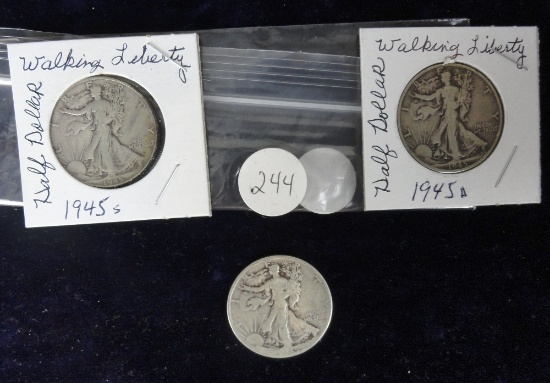(2) 1945-D, (1) 1945-S Liberty Walking Half-Dollars