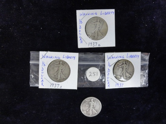(2) 1937, (1) 1937-D, (1) 1937-S Liberty Walking Half-Dollars