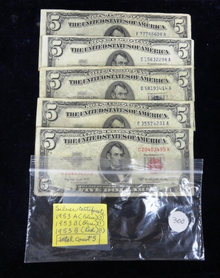 (1) Red & (4) Blue 1953 $5 Silver Certificates