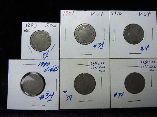 (6) V Nickel 1883, 1901, 1910, 1911