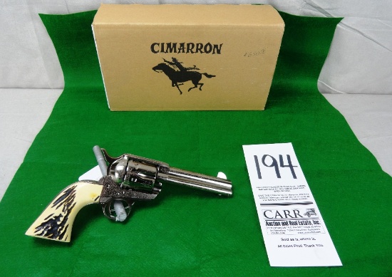 Cimarron Frontier, 4” Bbl., 45 Colt, Engraved Silver/Bone Revolver, SN:E061