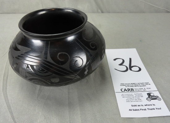 Native American Black Pottery Bowl, Signed