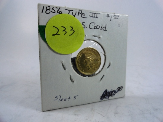 1856 Type 3 (Lg. Hd.-Slant 5) $1 Gold Piece, EF