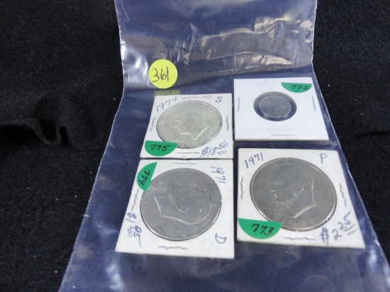 1943 Lincoln Steel Cent; 1971-P, 1971-D & 1974-S Eisenhower Dollars (x3)