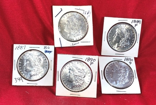 (5) 1887, 1889, 1890 Silver Dollars (x5)
