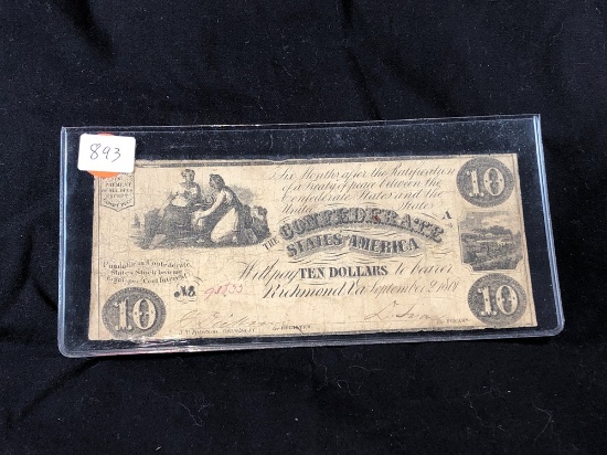 1861 $10 Confederate State Civil War Note (x1)