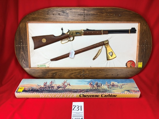Winchester M.94 Cheyenne Carbine 44-40 Cal. w/Tang Sight Mounted On Wall Display Board w/Tomahawk, U