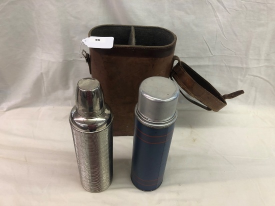 Vintage Leather Thermos Tote w/2 Top Thermos' (15" Tall)