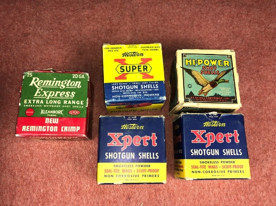 (5) 20 Ga., Mostly Full Antique Boxes, Paper Shells (x5)
