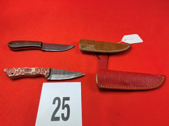 (2) Damascus Knives w/Sheaths, Red/Brown Handles  (X 2)