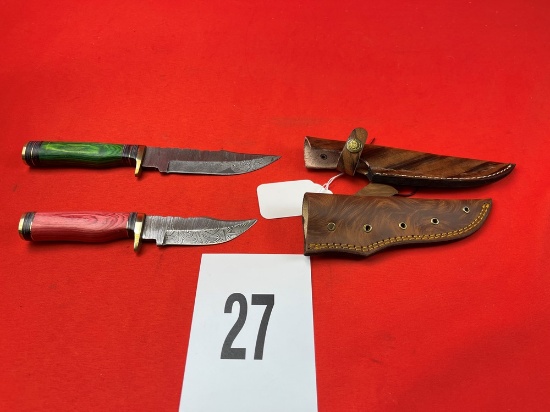 (2) Damascus Knives w/Sheaths, Green/Red Handles (X 2)