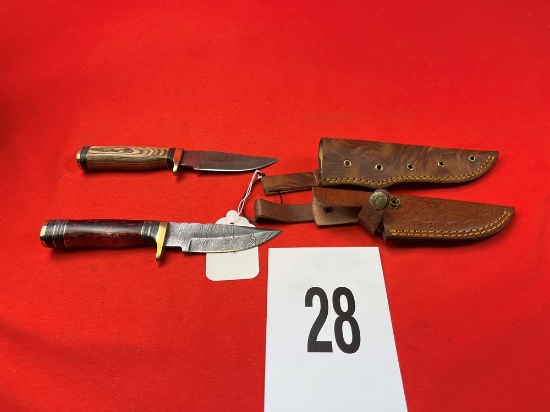 (2) Damascus Knives w/Sheaths, Red/Tan Handles (X 2)