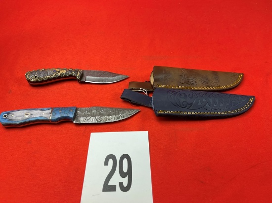 (2) Damascus Knives w/Sheaths, Tan/Blue Handles (X 2)