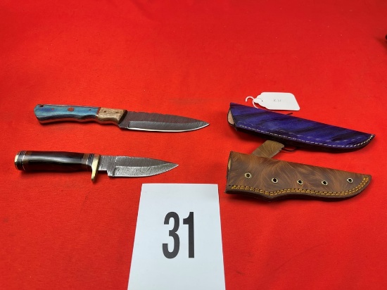 (2) Damascus Knives w/Sheaths, Blue/Black Handles (X 2)