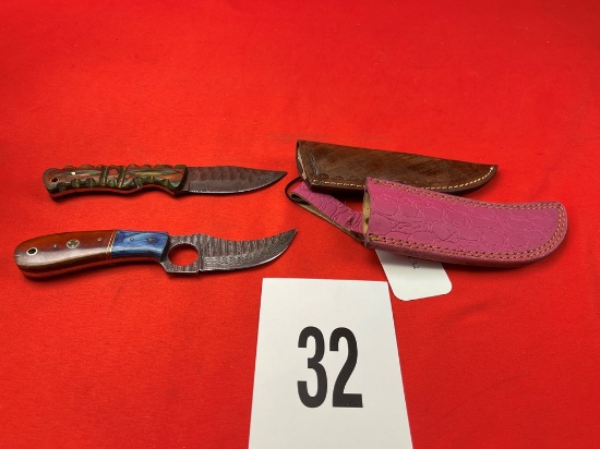 (2) Damascus Knives w/Sheaths, Brown/Red/Green Handles (X 2)