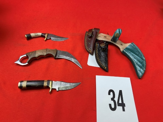 (3) Damascus Knives w/Sheaths, Thumb/2 Smaller (X 3)
