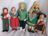 Five vintage Italian Cloth dolls 19-29cm.