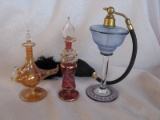 Three glass Perfume vanity containers. H/painted