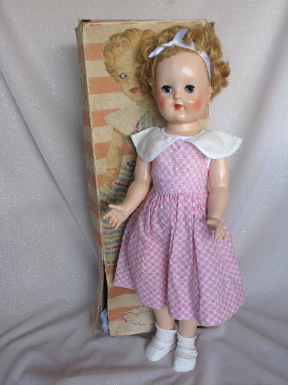 Boxed 1953 Pedigree Elizabeth Dressmaking doll HP 19" (48cm). Blue flirty s