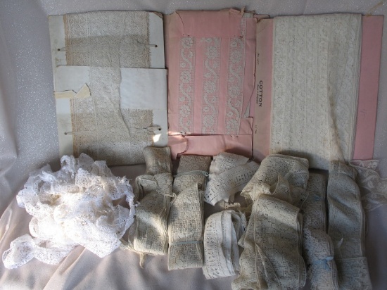Vintage pull storage drawer full of old lace trims. Includes mostly English