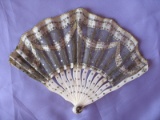 Three c1870-1900 Ivory Doll fans:- 12cm with gold inserted lace. Bird hand