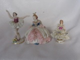 Three Dresden porcelain lace figurines:- Dancer 11cm with tipped fingers. S