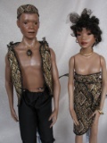 Pair of Artist African Boy / Girl brown porcelain dolls. Girl 38cm, real wi