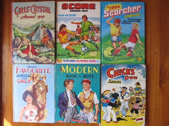 Seventeen vintage boys-girls books:- 1984 Score & Scorcher soccer annuals.