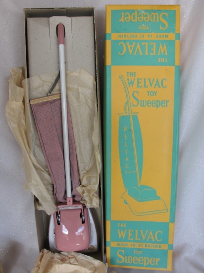 MIB English Welvac child toy sweeper 56cm c1940. Pink steel/CI and long vin