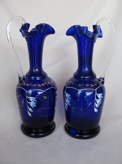Pair of Victorian Bristol Blue Glass Ewers 29cm, Edwardin period. Hand pain