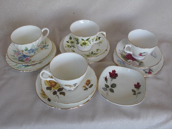 Four vintage Bone China Trio's. All floral patterns by Crown Staffordshire,