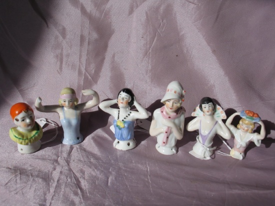 Six Japan/German Half Dolls 5 to 7cm:- Clown, Flapper with base fill. Germa