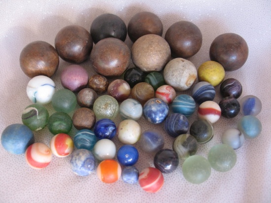 Vintage & antique 53 marbles includes Bennington, clay, 1.25" shooters, woo