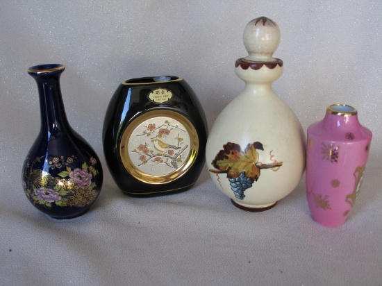 Ten mini vases etc:- Saville Mischief 1930s perfume bottle 4.5cm. Four porc