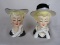 Two Japan Art Deco figural lady head chalk ware vases 11.5cm with white wid