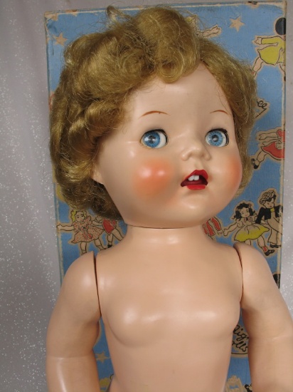 Boxed all original 1950s Pedigree Saucy Walker 22" (56cm). Naked as per exc