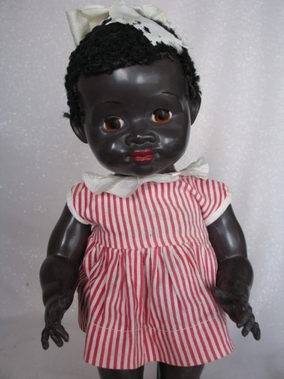 Early 50s Pedigree 'Delite Negros' girl 14" (36cm) brown HP. Black astrakha
