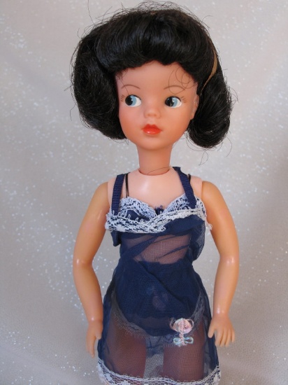 Brunette 1963 Sindy in "Undie World" 1963 outfit, sheer navy blue, bra, kni