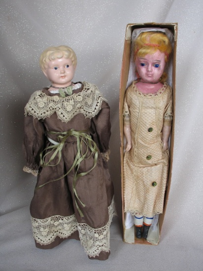 Two Antique Dolls:- German Wax over 'Little Daughter' papier mache 14" (36c