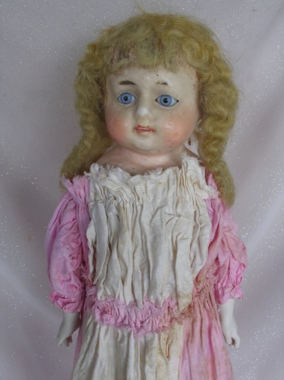 Wax over German shoulder head c1890s child 26" (66cm). Applied blonde mohai