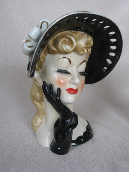 Japan Art Deco Lady head vase 18cm, Very rare black wide brim hat with bold