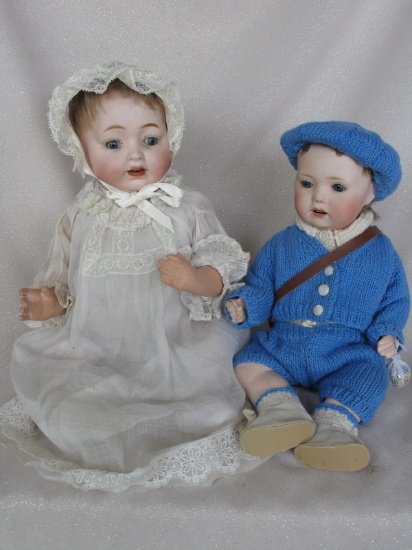 Two Japan Bisque Babies:- Morimura Bros 13" (33cm), blue glass fixed eyes,
