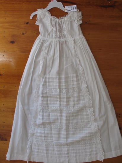 Antique white wear Christening gown 98cm. Inserted yoke with vertical lace