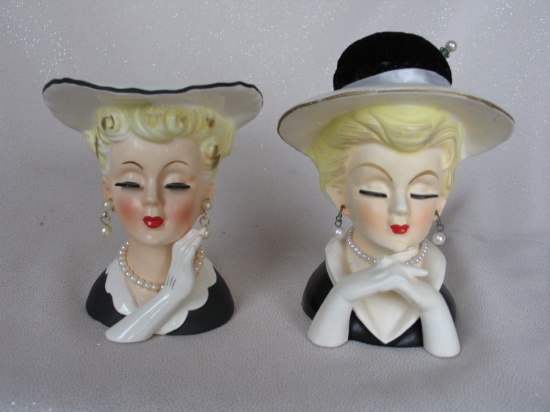 Two Japan Art Deco figural lady head chalk ware vases 11.5cm with white wid