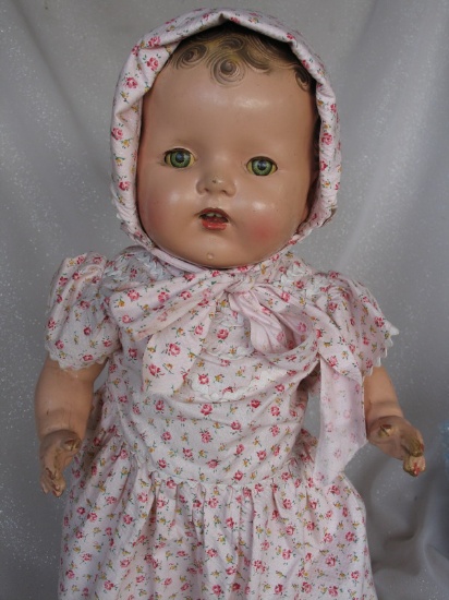 Unmarked 40s Composition Toddler 20" (51cm) doll. Deep molded curls, blue t