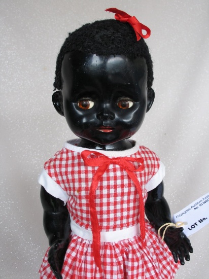 Black 1950s Pedigree Delite Walker 16" (41cm). Black astrakhan wig, amber f