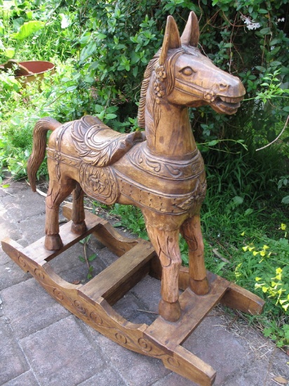 Carved wood Indonesian Rocking Horse, 95cm to ears, very good original cond