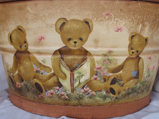 Three Bear related items:- Artist hand painted tin Laundry basket 33cm x 63