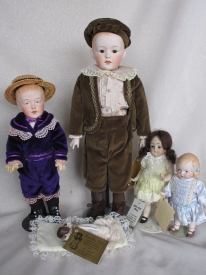 Five porcelain artist dolls:- Roma Day 1970s Heubach 38cm & 28cm & 16cm all