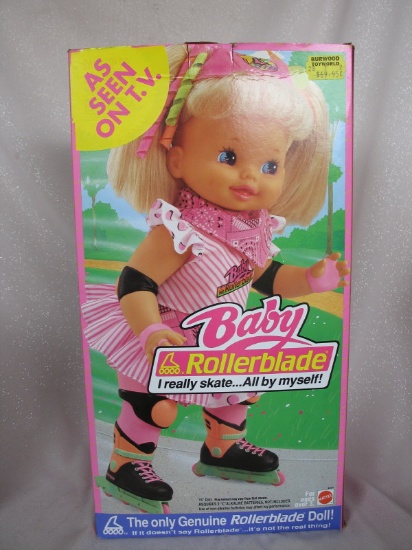 HTF boxed Mattel 'Baby Rollerblade' 1991 battery operated doll, looks NRFB